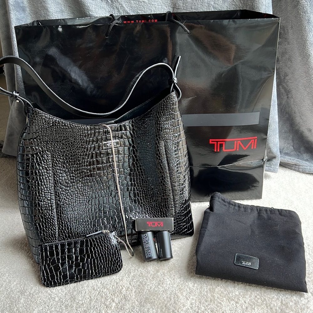 Tumi Black Leather Crocodile-Embossed Handbag w/ Coin-Purse Insert